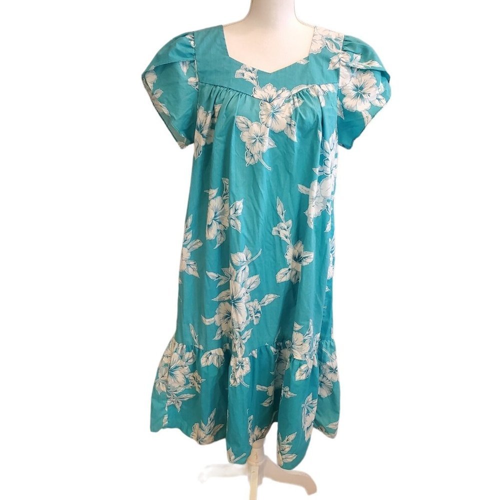 Vintage Royal Hawaiian Creations Teal Blue Green Hibiscus Floral Mumu Dress‎ | S